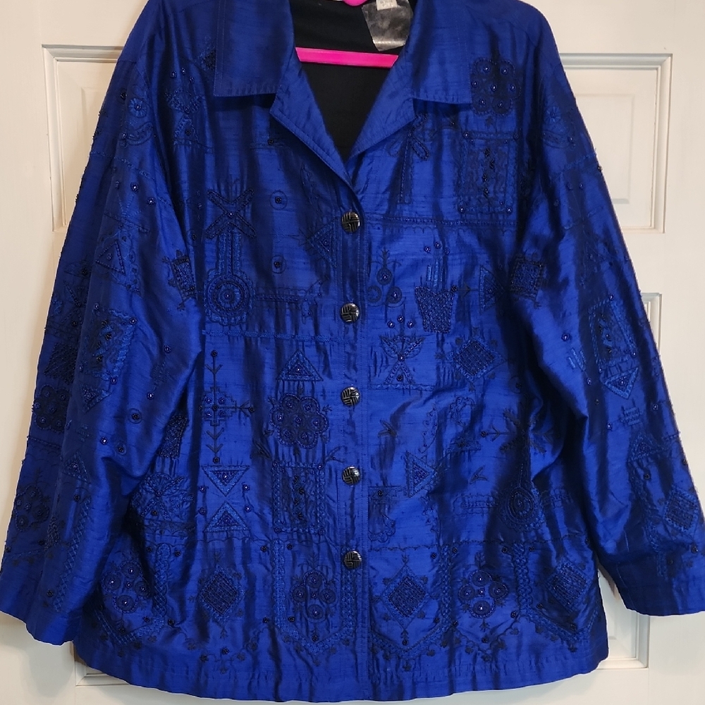 Chico's Silk Outer Royal Blue Jacket / Coat w/Black Lining Beads & Embroidery